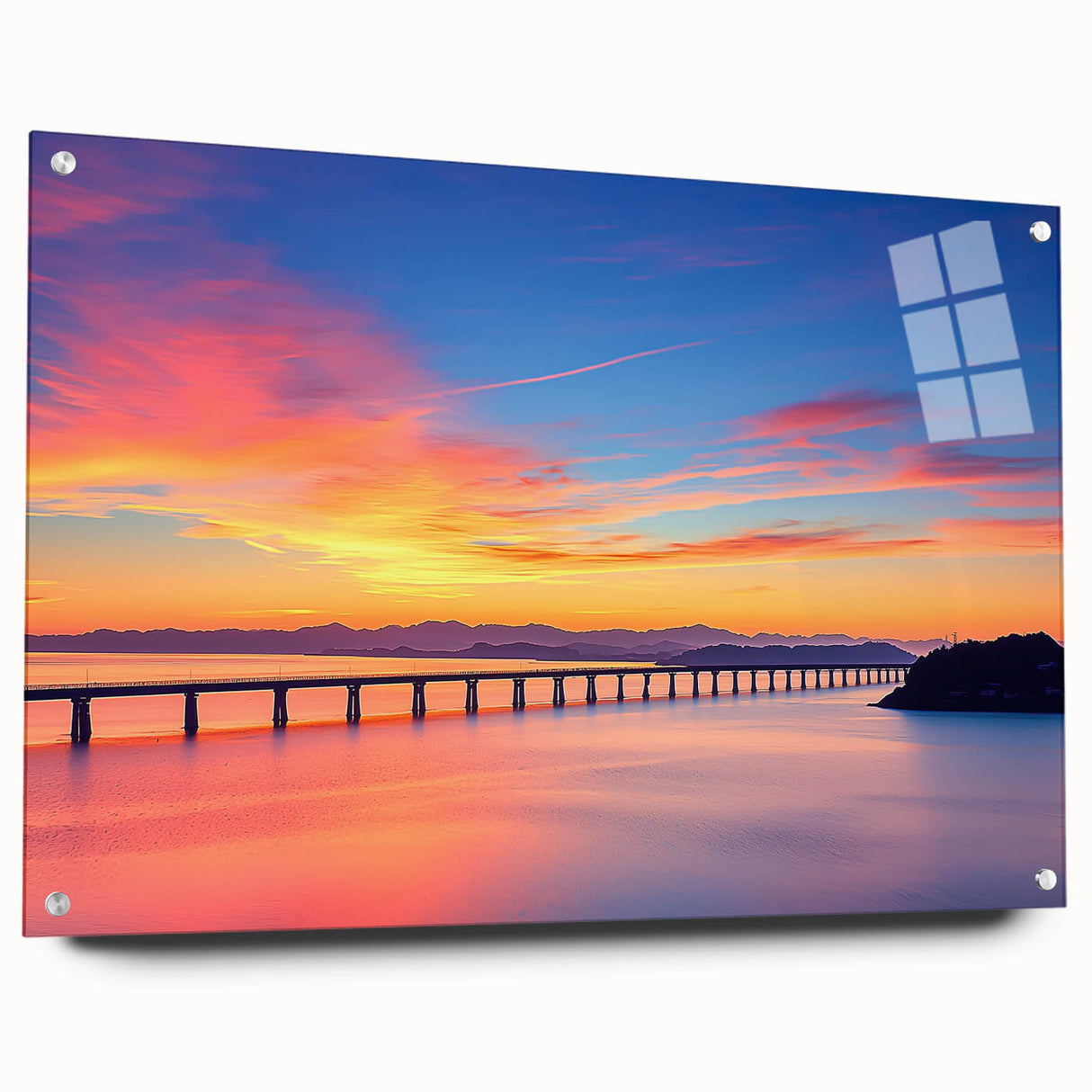 Side view of a landscape bridge design in acrylic glass, showcasing a sleek and modern aesthetic with vibrant colors and detailed textures, ideal for contemporary decor.