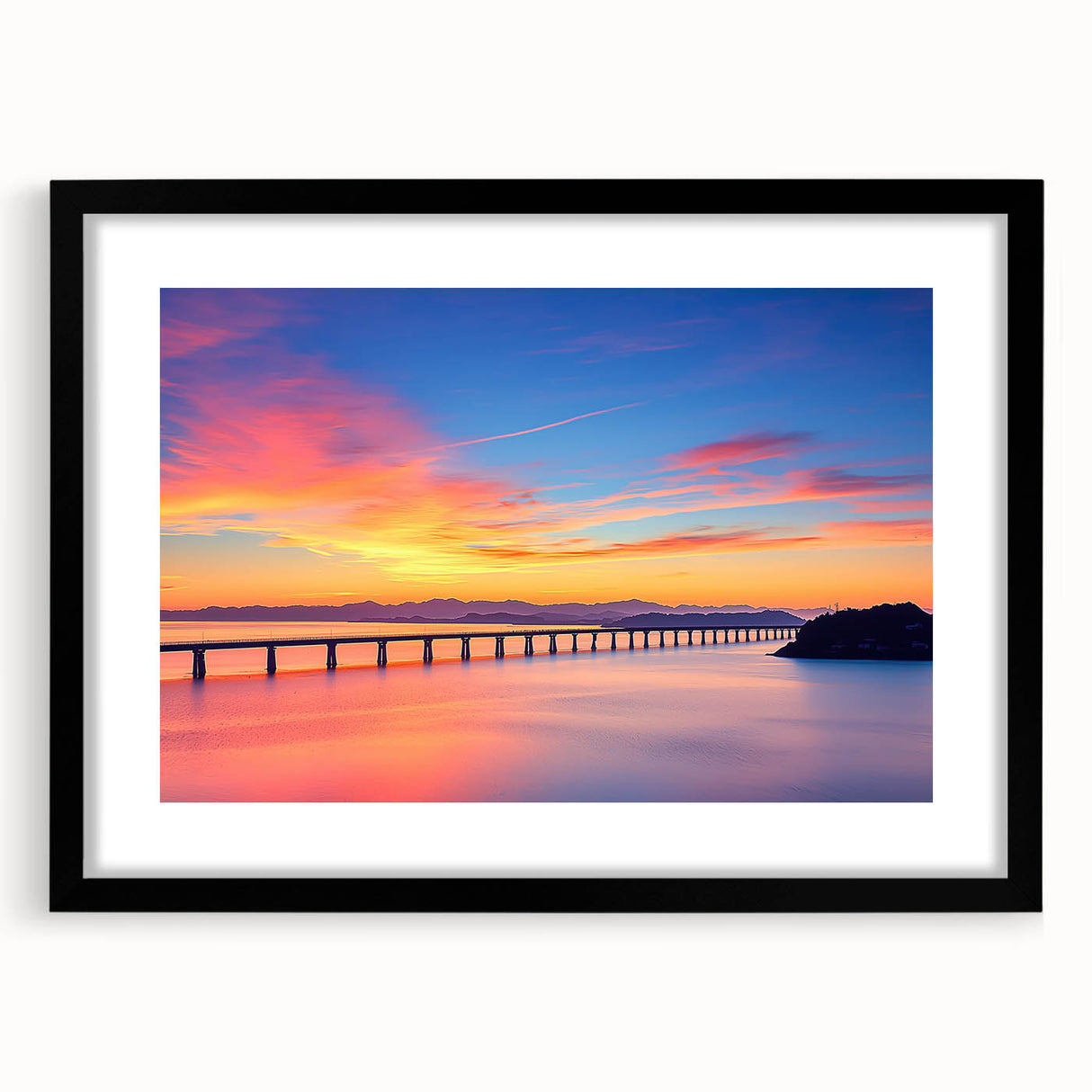Black landscape bridge frame with a mat, showcasing a modern design suitable for home decor. Perfect for displaying artwork or photos, this frame adds elegance to any wall.