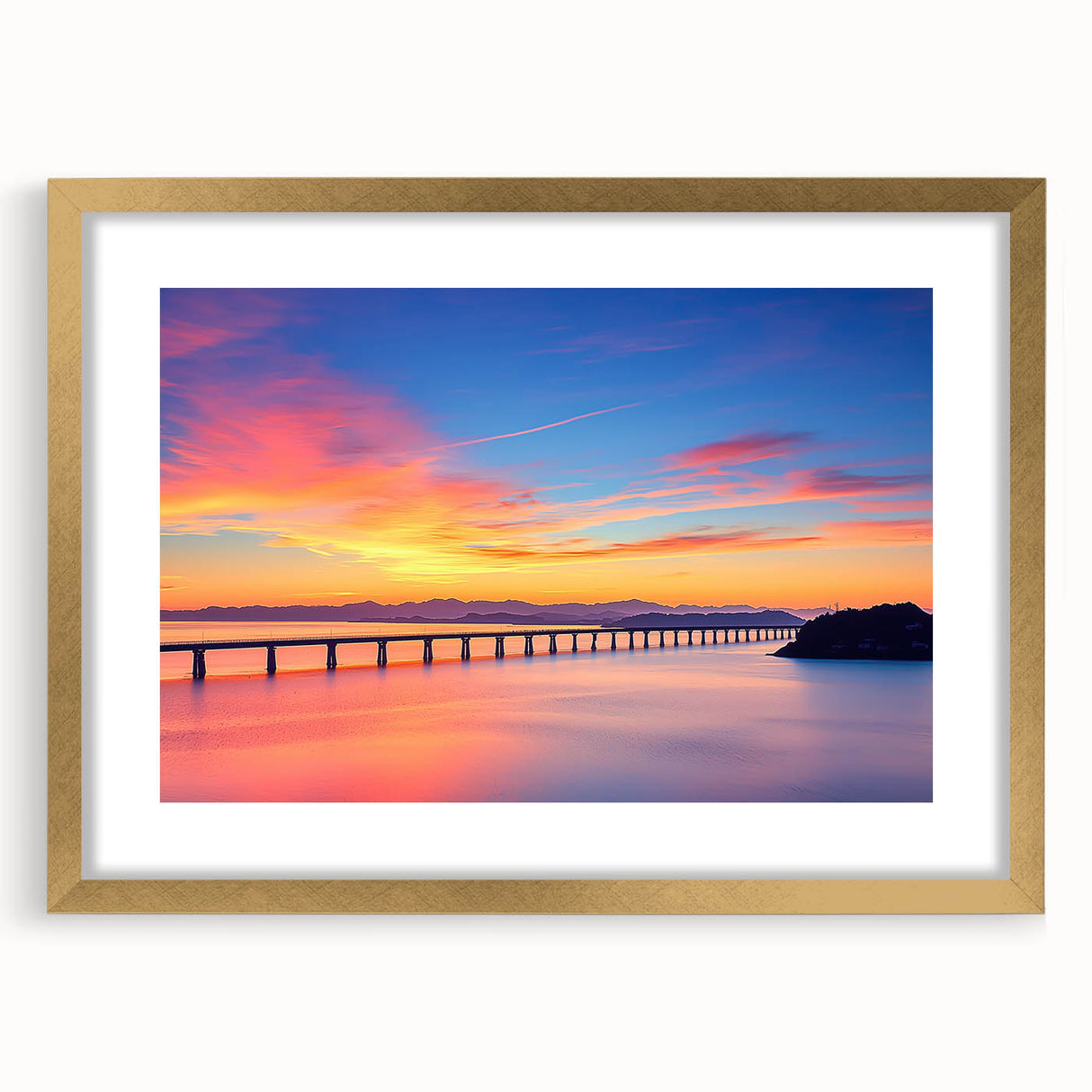 Gold landscape bridge frame with a mat, showcasing a modern design, front view emphasizing its elegant finish and stylish aesthetic for home decor.