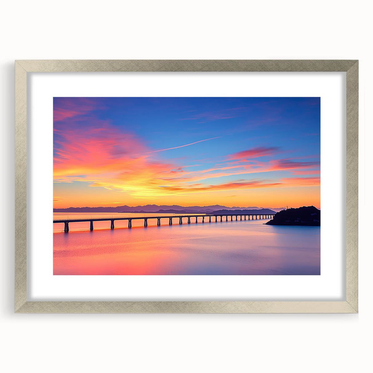 Silver landscape bridge frame with mat, showcasing a modern design, front view displaying intricate detailing, perfect for enhancing home decor.