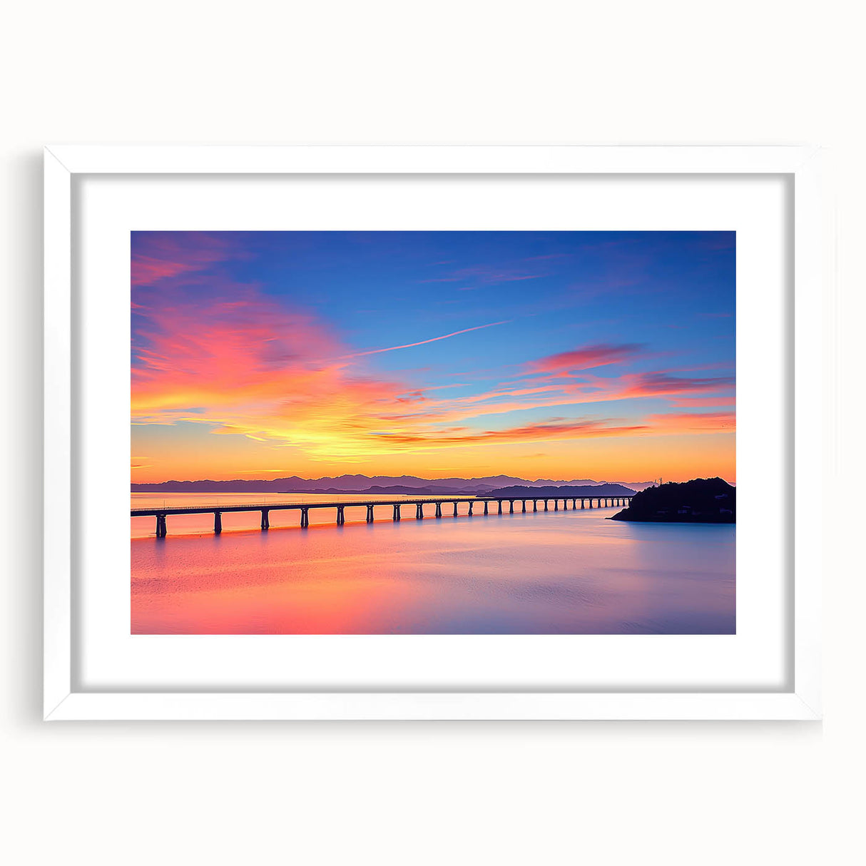 Landscape bridge frame with white matting, showcasing a contemporary design that highlights natural scenery, perfect for home or office decor. Ideal for art lovers seeking elegant framing solutions.