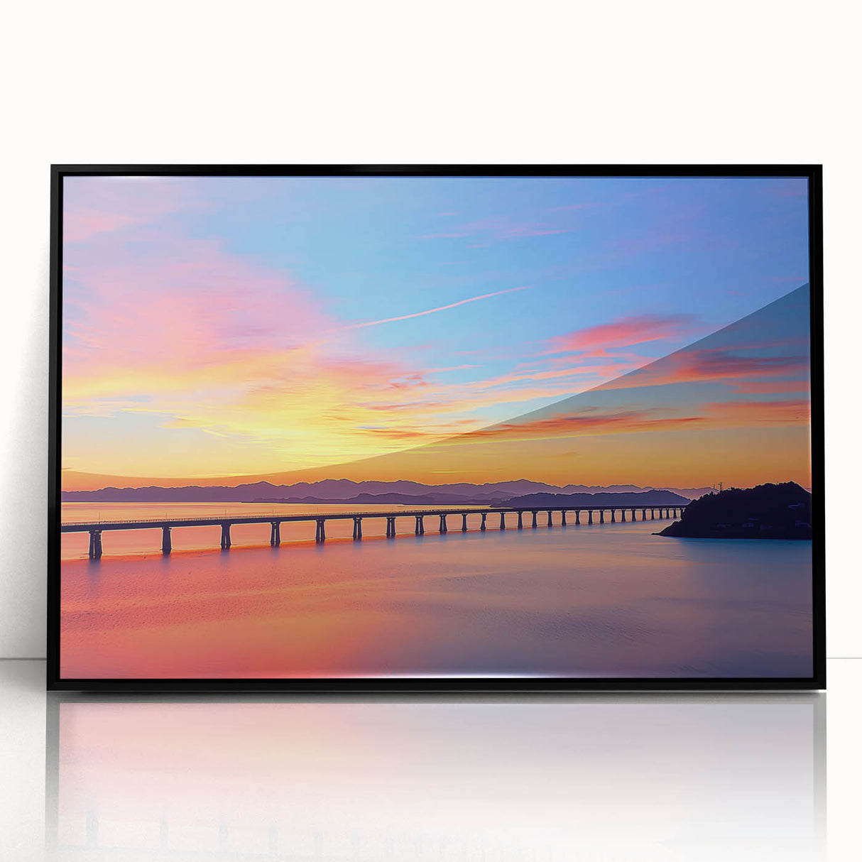 Framed acrylic artwork showcasing a striking landscape bridge scene, featuring vibrant colors and intricate details, perfect for modern home decor.