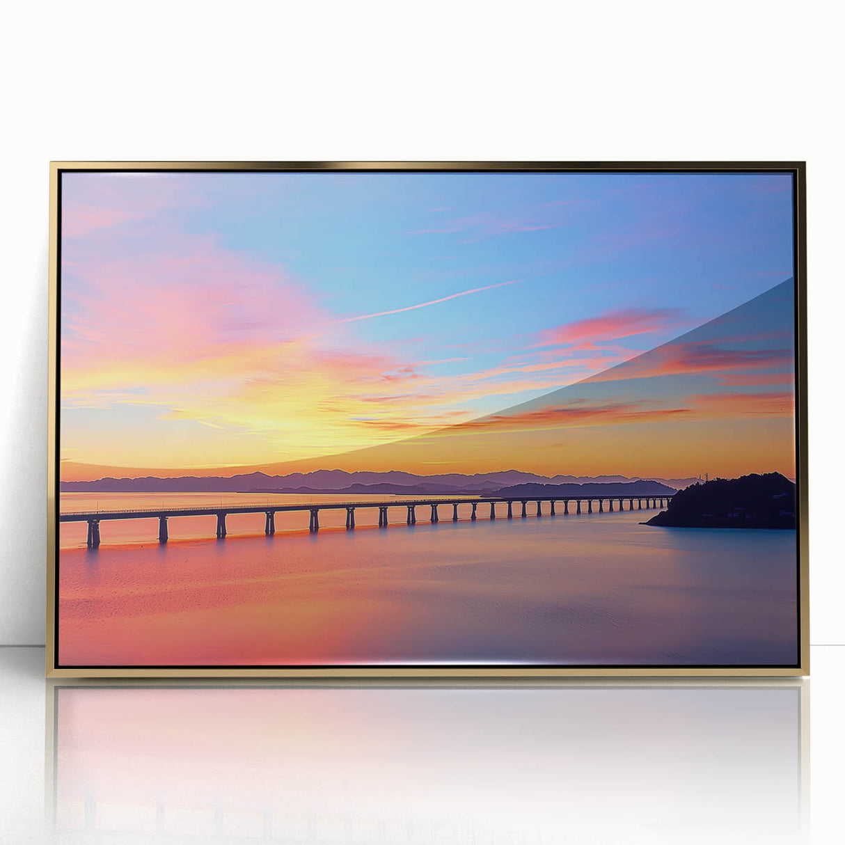 Framed acrylic artwork of a golden landscape bridge, showcasing intricate details and vibrant colors, ideal for home decor or office styling.