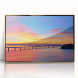 Framed acrylic artwork of a golden landscape bridge, showcasing intricate details and vibrant colors, ideal for home decor or office styling.