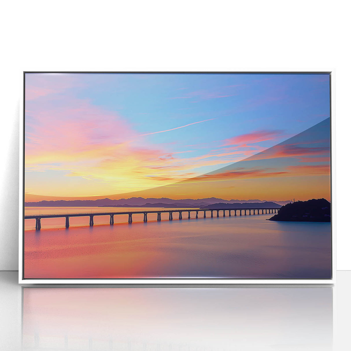 Framed acrylic landscape artwork depicting a serene bridge scene, featuring vibrant colors and intricate details, ideal for home décor or office enhancement.