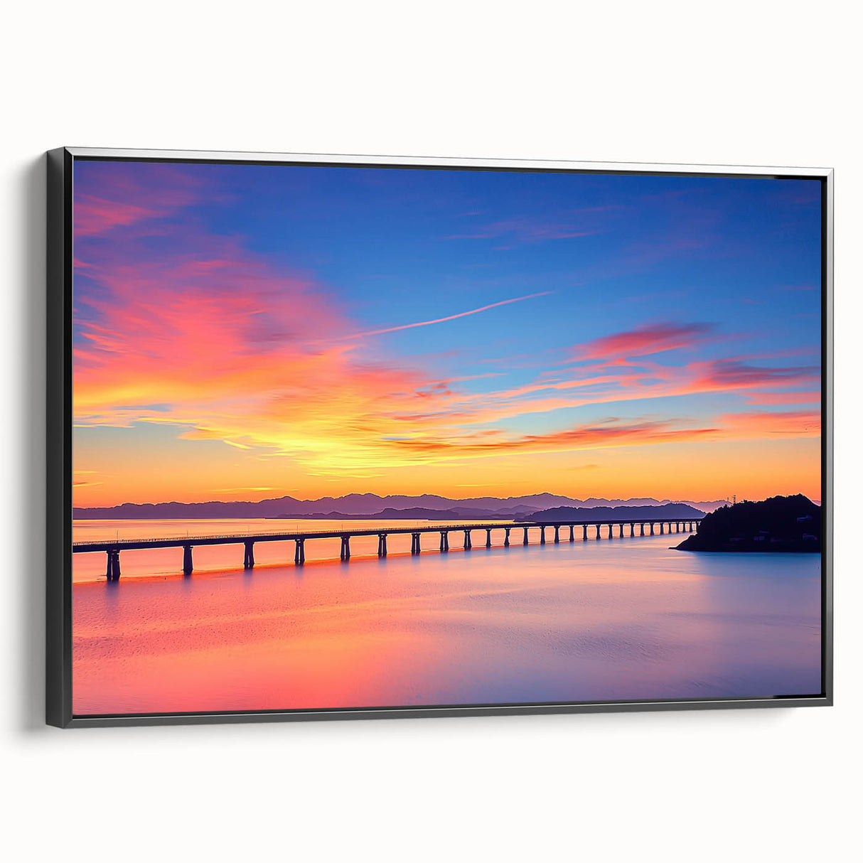 Framed landscape canvas print showcasing a picturesque black bridge with detailed textures and vibrant colors, ideal for modern home decor or office aesthetics.