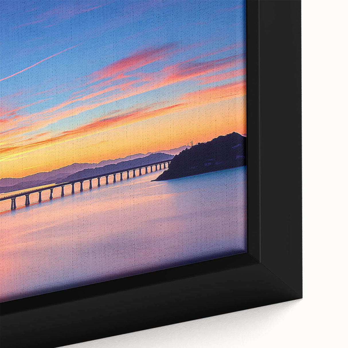 Framed canvas print showcasing a vibrant landscape bridge design, featuring rich colors and intricate details, perfect for enhancing home decor.