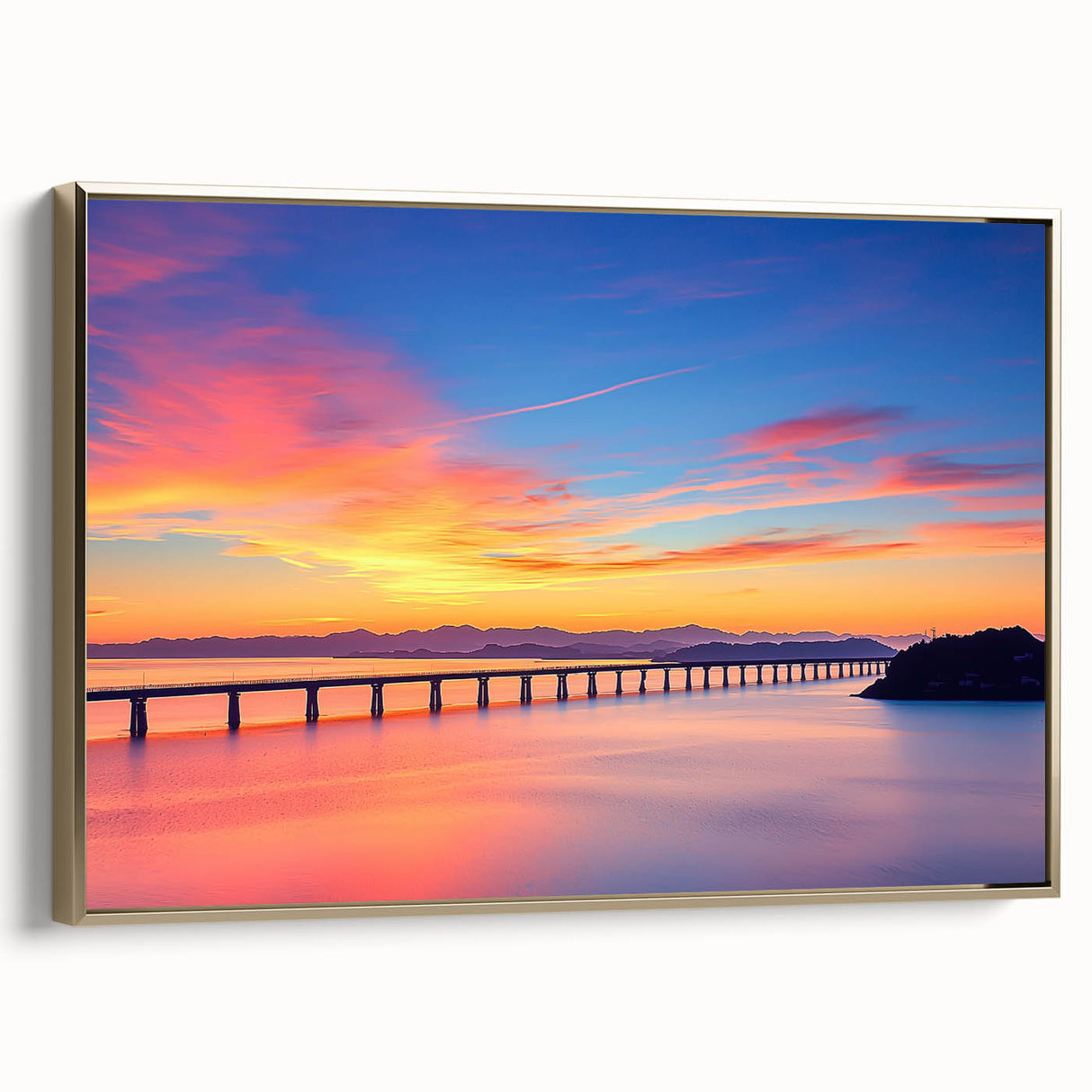 Framed canvas artwork depicting a landscape bridge in a serene setting, featuring rich gold tones and intricate details, perfect for enhancing home decor.