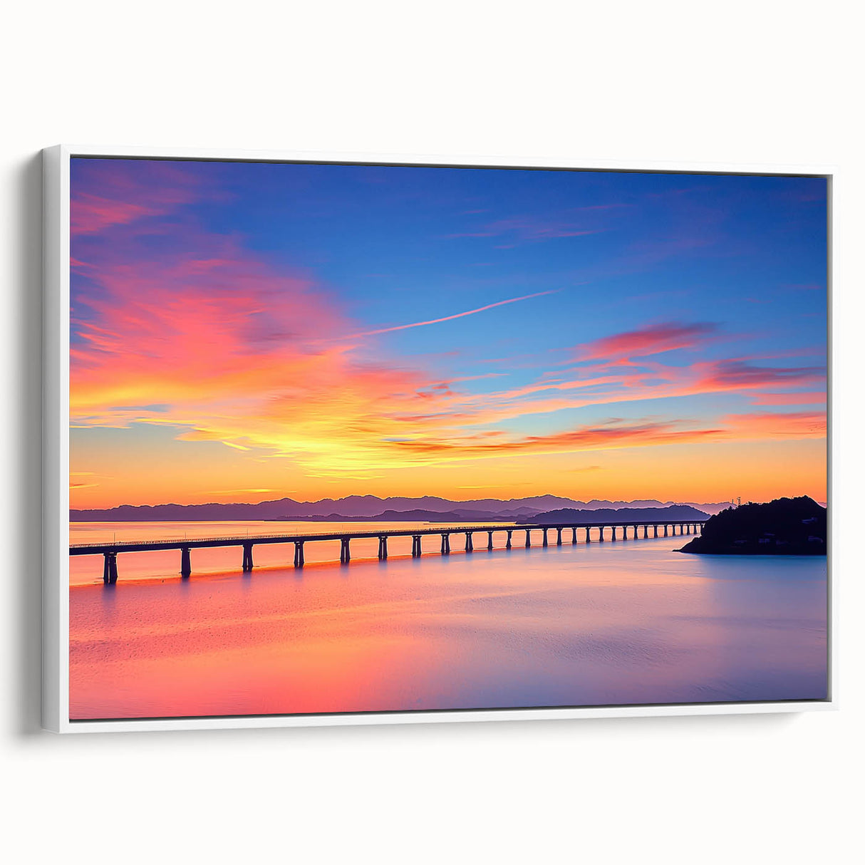 Framed canvas artwork depicting a serene landscape bridge scene, showcasing vibrant colors and intricate details, perfect for home decor enhancement.