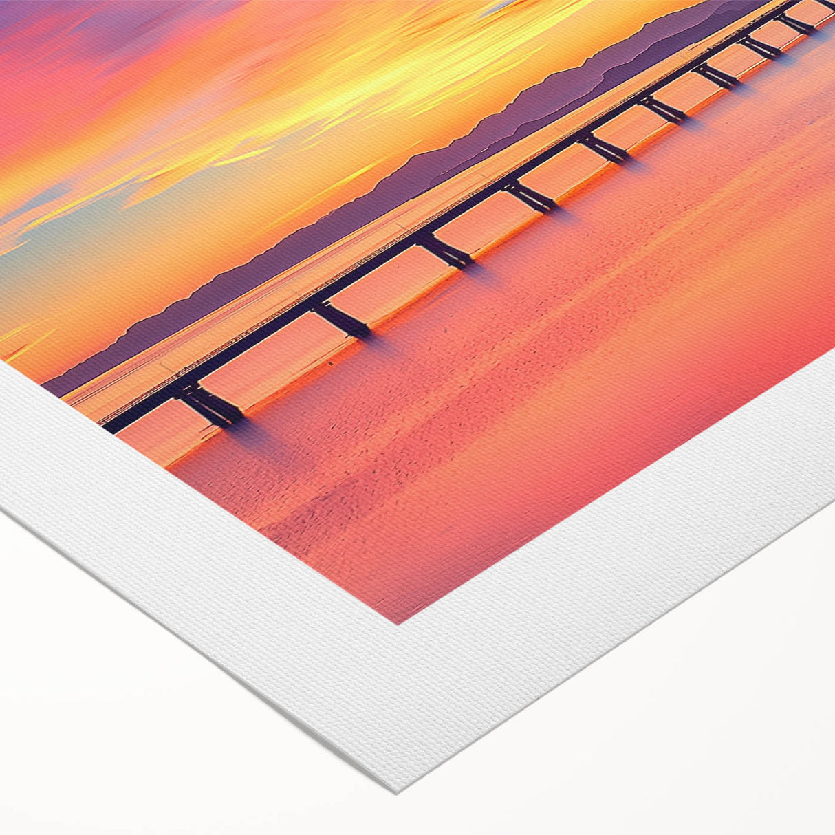 Rolled canvas artwork showcasing a vibrant landscape bridge scene, featuring lush greenery and a serene waterway, elegantly packaged in a protective cardboard tube.