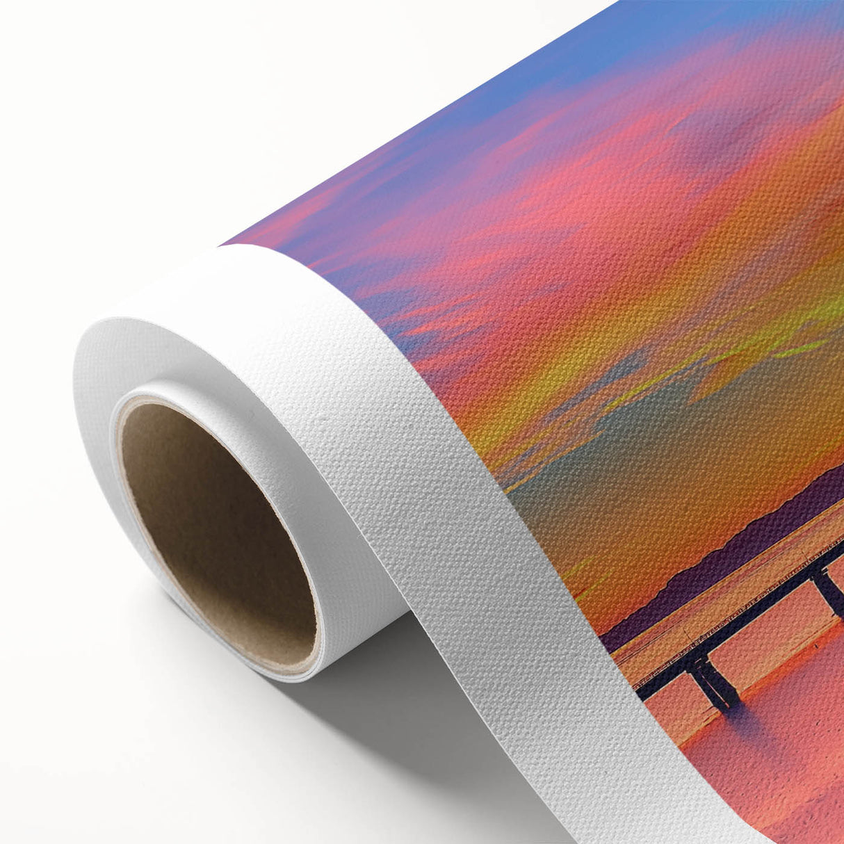 Rolled canvas showcasing a stunning landscape bridge design, featuring vibrant colors and intricate details, securely packaged in a protective cardboard tube for easy display.