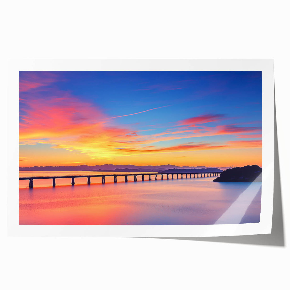 Landscape bridge rolled print showcasing a serene natural scene with vibrant colors, ideal for home decor. Packaged securely in a cardboard tube for protection, this artwork brings an elegant touch to any space. Perfect for art enthusiasts seeking unique wall decor that enhances interior aesthetics.