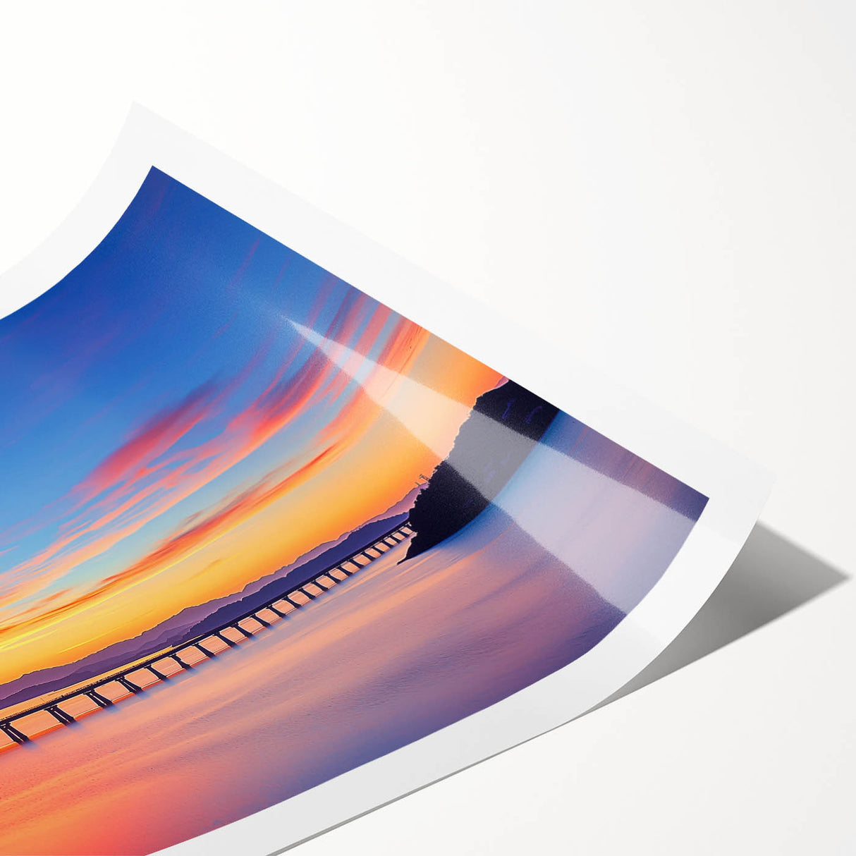 Landscape bridge rolled print showcasing intricate details of a serene river scene with lush greenery and a vibrant sky, packaged securely in a protective tube.