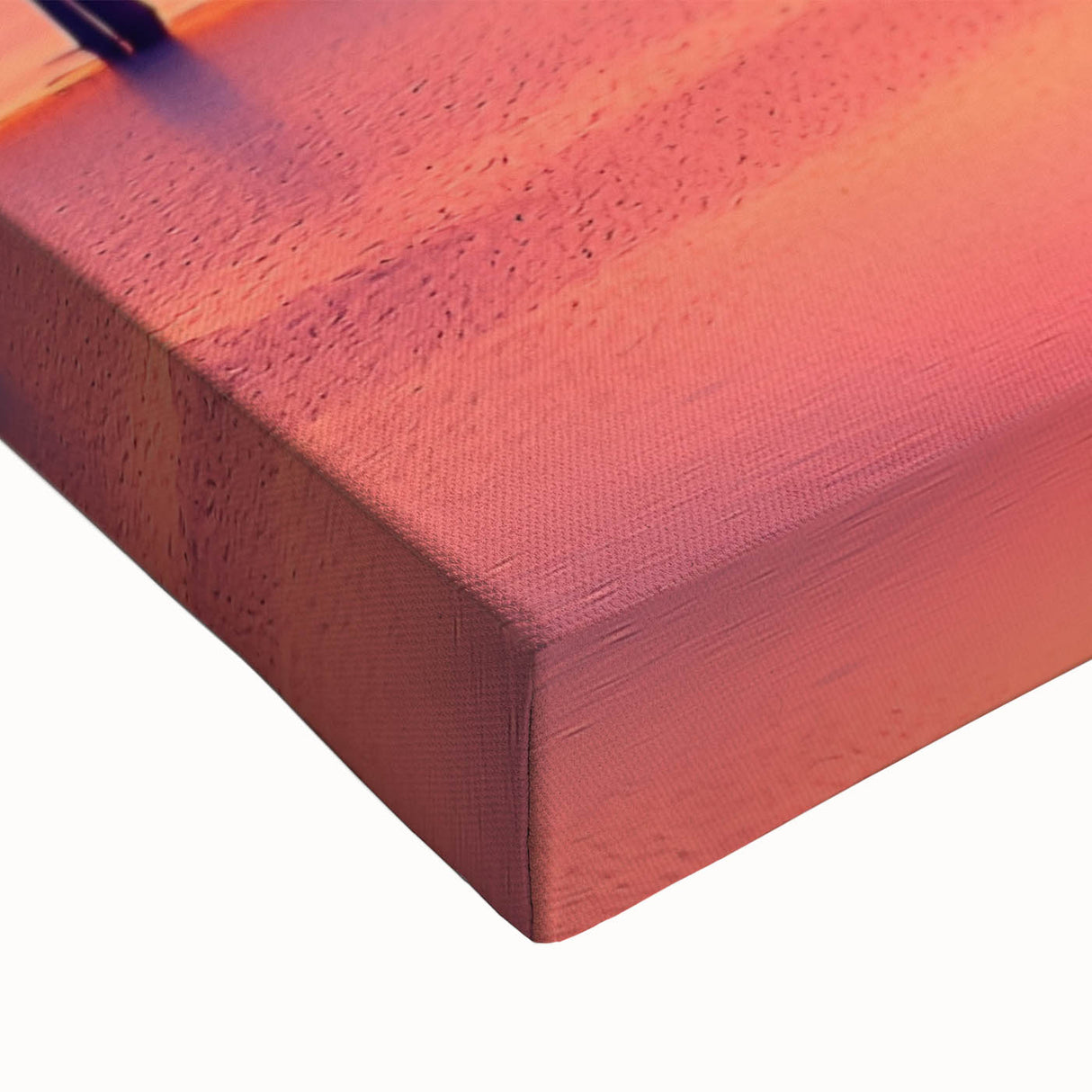 Close-up of a stretched canvas artwork depicting a vibrant landscape bridge scene, showcasing rich colors and intricate details, ideal for home decor.