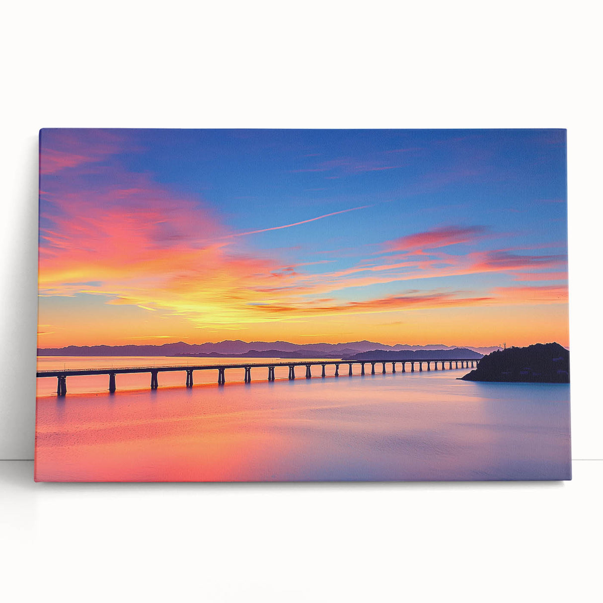 Stretched canvas artwork depicting a serene landscape bridge scene, showcasing vibrant colors and intricate details, ideal for enhancing home decor or office spaces.
