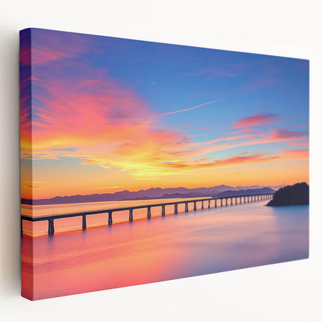 Landscape bridge artwork on stretched canvas, showcasing intricate details and vibrant colors, ideal for home decor. The side view highlights the canvas's texture and vibrant hues, enhancing aesthetic appeal in any setting.