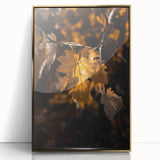 Large art print of a mid-century modernist autumn landscape in warm gold and orange tones, framed acrylic.