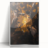 Art deco poster depicting a stylized autumn scene in muted orange and brown tones on framed acrylic.