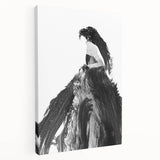 Abstract figurative art on a stretched canvas showcasing vibrant colors and dynamic shapes, perfect for modern home decor. Side view highlights the canvas edges and texture, emphasizing its contemporary style.