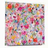 Abstract floral wall art design displayed from a side view, showcasing vibrant colors and intricate details, mounted with decorative pins on clear acrylic glass.