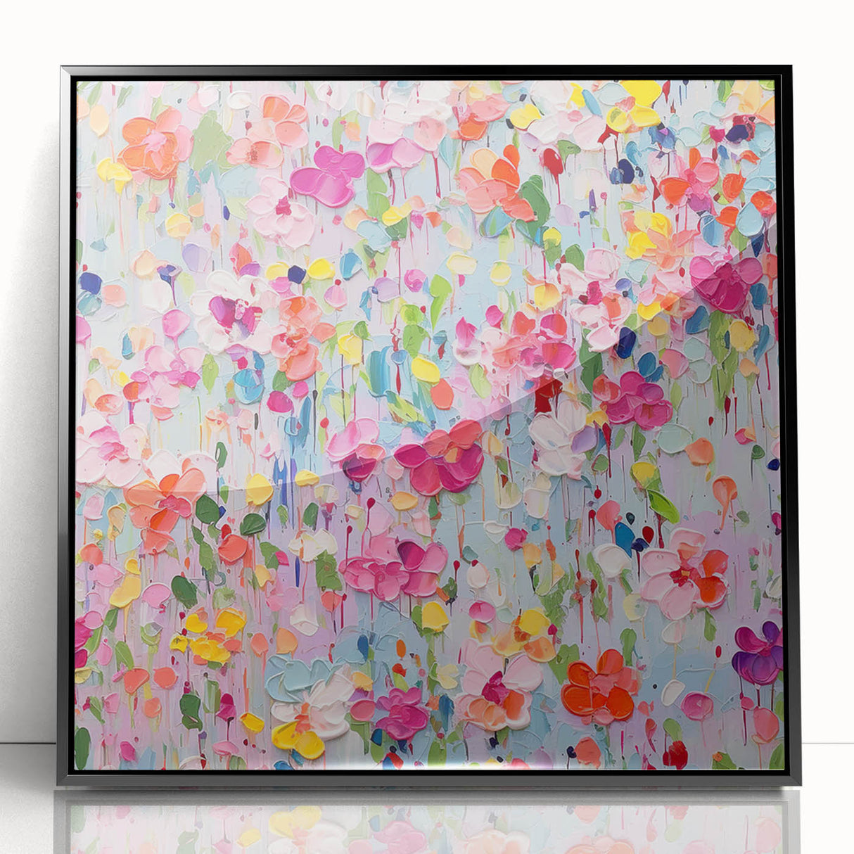 Framed abstract floral wall art with black acrylic frame, featuring vibrant colors and intricate designs, perfect for modern home decor.