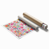 Vibrant abstract florals wall art print showcasing a colorful blend of pinks, blues, and greens, rolled and ready for framing, ideal for modern home decor.
