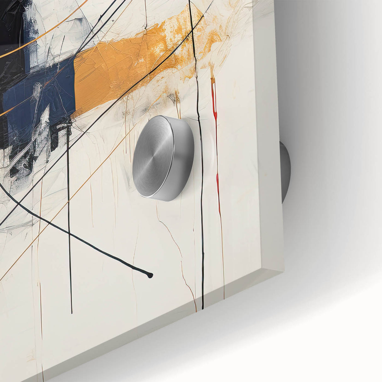 Close-up of abstract minimalist wall art featuring vibrant colors and geometric shapes, printed on acrylic glass, perfect for modern home decor.