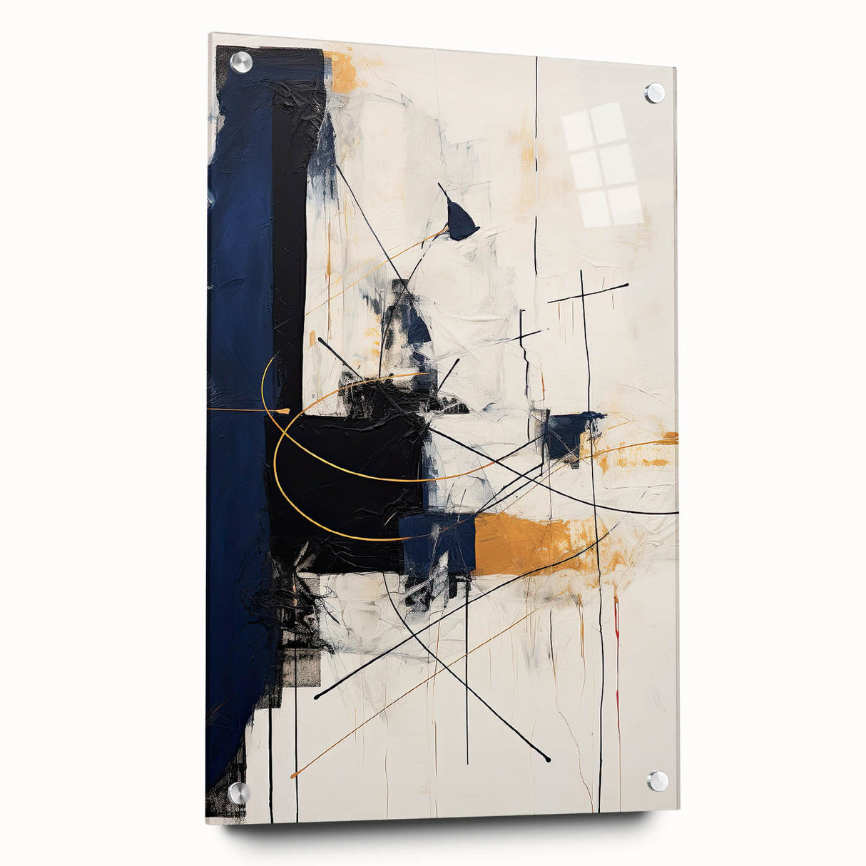 Abstract minimalist wall art featuring a geometric design in soft pastel colors, showcased from a side view with pins for hanging, perfect for modern decor.