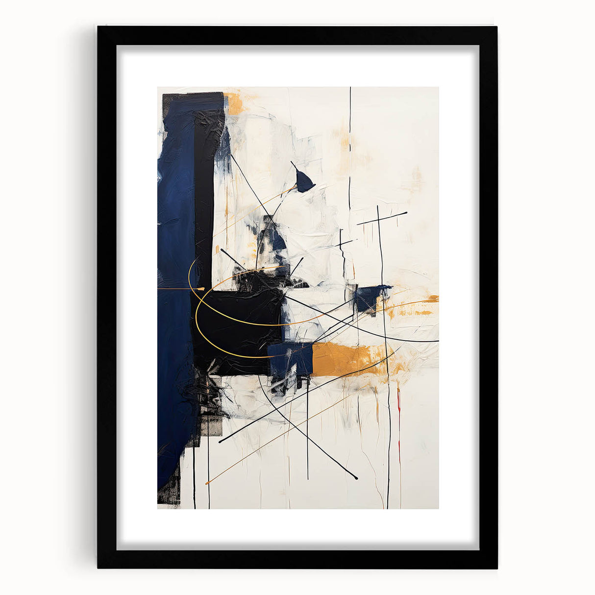 Abstract minimalist wall art framed in black with a white mat, showcasing geometric shapes and muted colors, perfect for modern home decor.