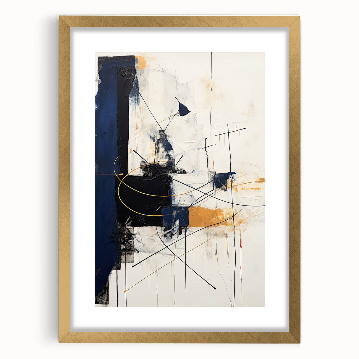 Abstract minimalist wall art framed with a gold mat, showcasing a geometric design that enhances modern decor. Ideal for contemporary living spaces or office environments.
