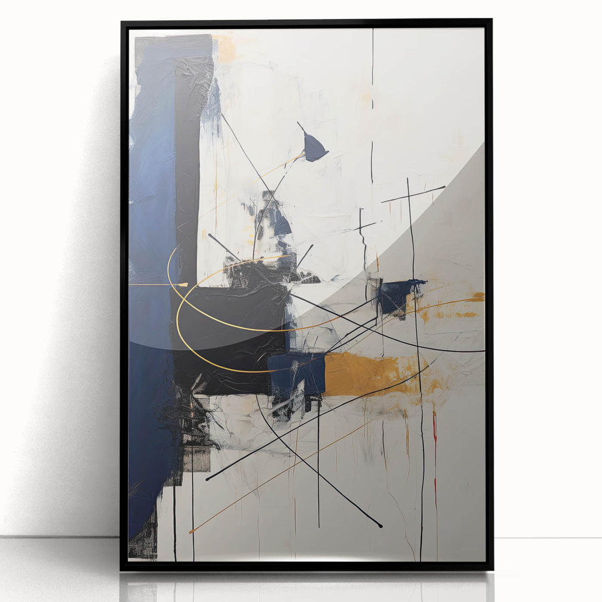 Framed minimalist wall art featuring an abstract design in shades of black and white, set against a sleek acrylic frame, ideal for modern home decor.