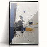 Framed minimalist wall art featuring an abstract design in shades of black and white, set against a sleek acrylic frame, ideal for modern home decor.