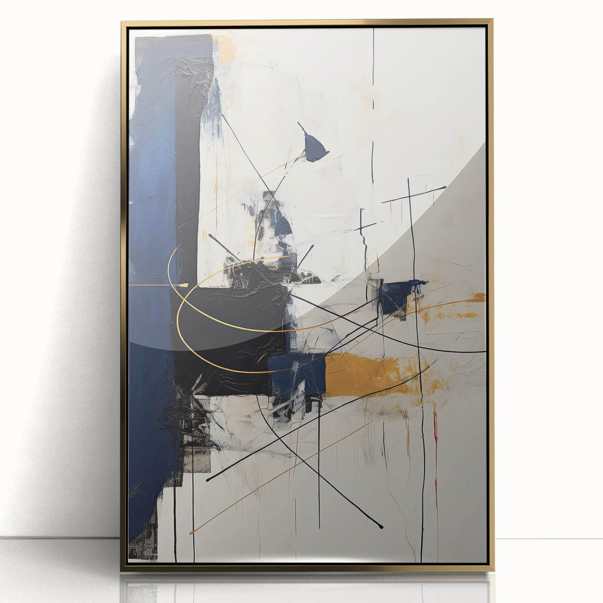 Framed abstract minimalist wall art in gold, showcasing a modern design with clean lines and a sleek acrylic finish, perfect for contemporary decor.