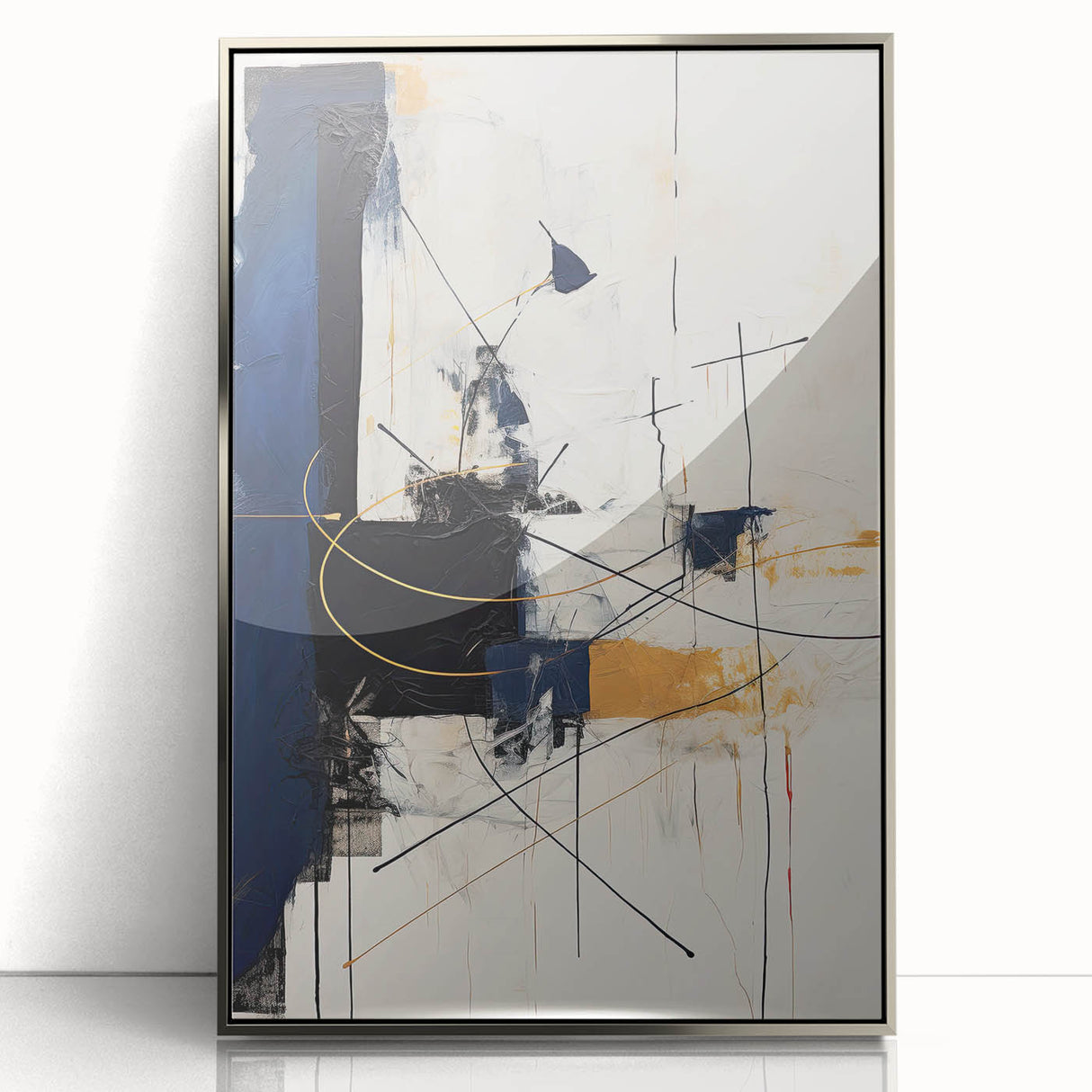 Framed abstract minimalist wall art in silver, showcasing a sleek design with a modern aesthetic. Perfect for contemporary home decor, enhancing any space with elegance.