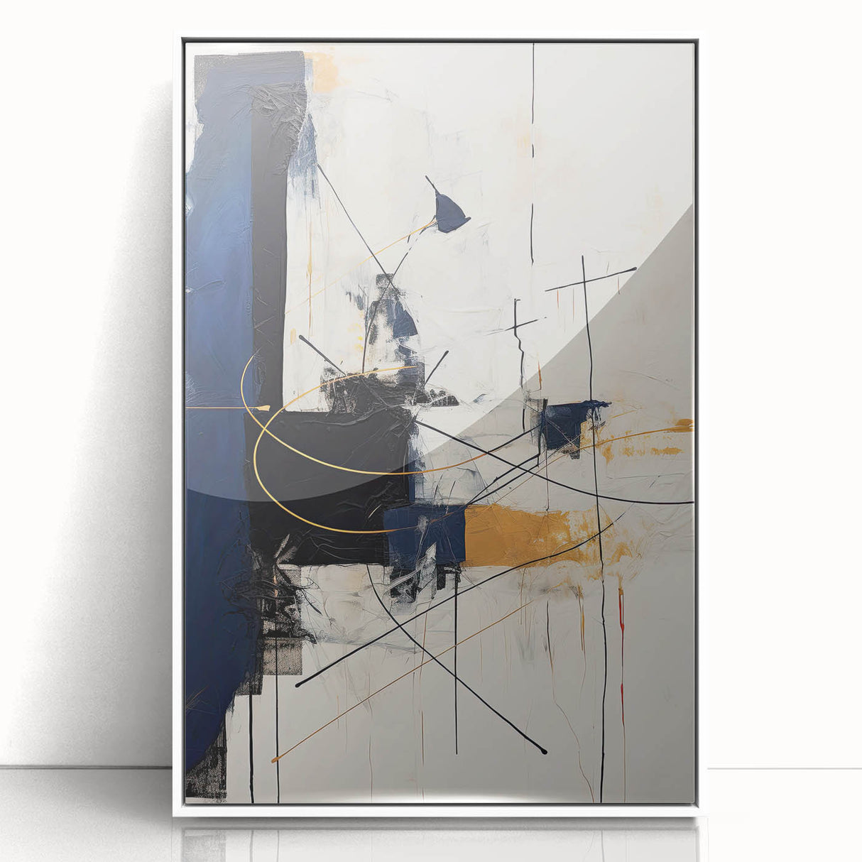 Framed abstract minimalist wall art in acrylic, showcasing a sleek white design with subtle geometric shapes, perfect for modern interior decor.