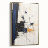 Abstract minimalist wall art framed in gold, showcasing elegant geometric shapes and soft color palette, enhancing modern decor aesthetics in a stylish setting.
