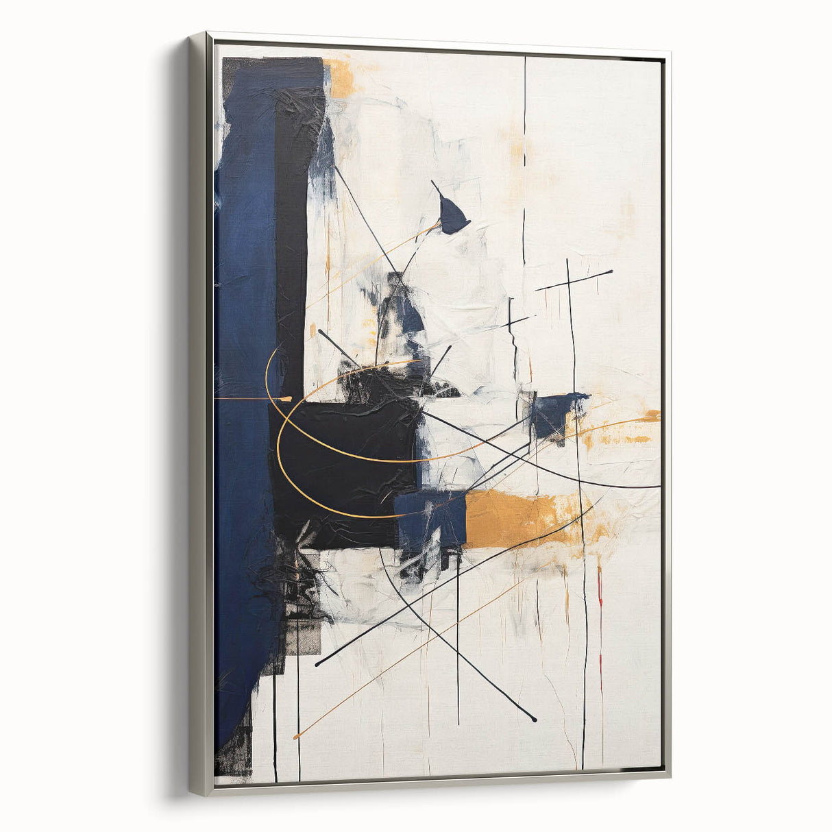 Framed minimalist wall art with an abstract design in silver tones, showcasing a sleek side view. Ideal for modern decor, adding elegance to any space.