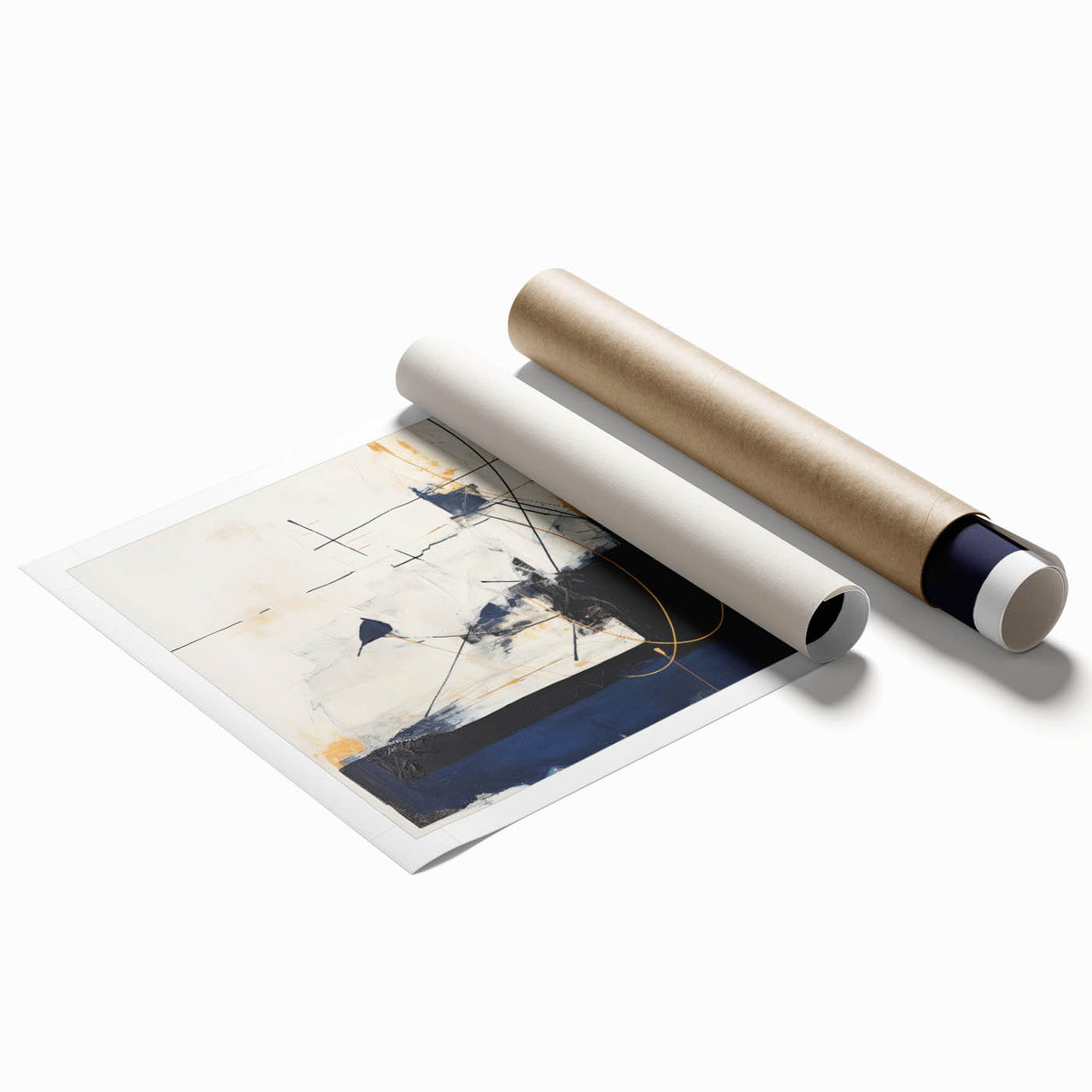 Abstract minimalist wall art print featuring soft earth tones and geometric shapes, elegantly rolled and packaged in a protective cardboard tube for easy display.