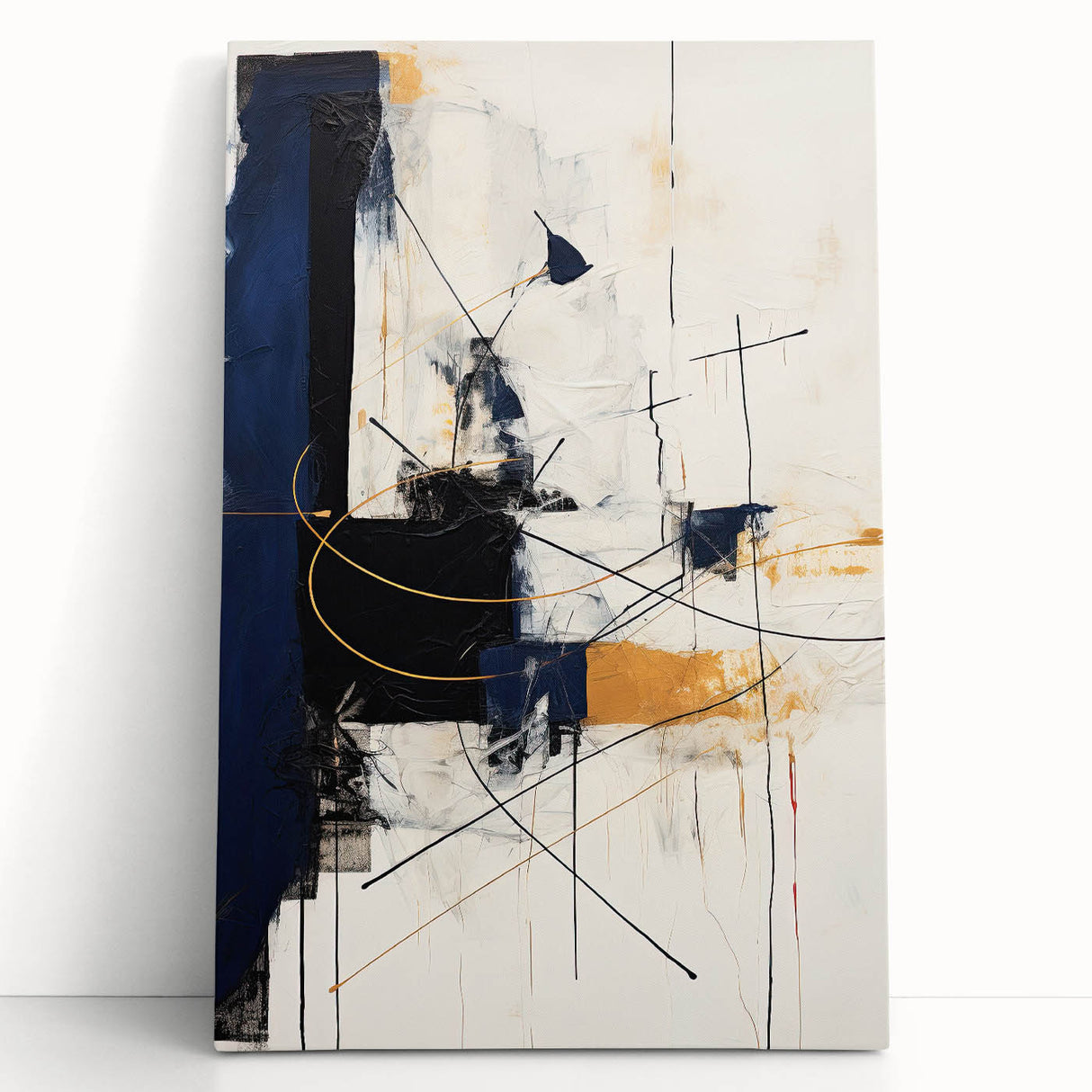 Abstract minimalist wall art on stretched canvas, featuring soft pastel colors and geometric shapes, leaning against a neutral wall for a modern decor aesthetic.