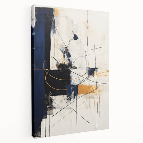 Abstract minimalist wall art on stretched canvas, showcasing soft pastel colors and geometric shapes, enhancing modern interior decor with a sleek side view.