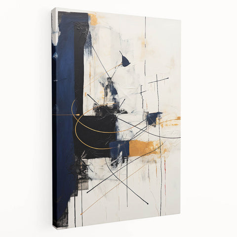 Abstract minimalist wall art on stretched canvas, showcasing soft pastel colors and geometric shapes, enhancing modern interior decor with a sleek side view.