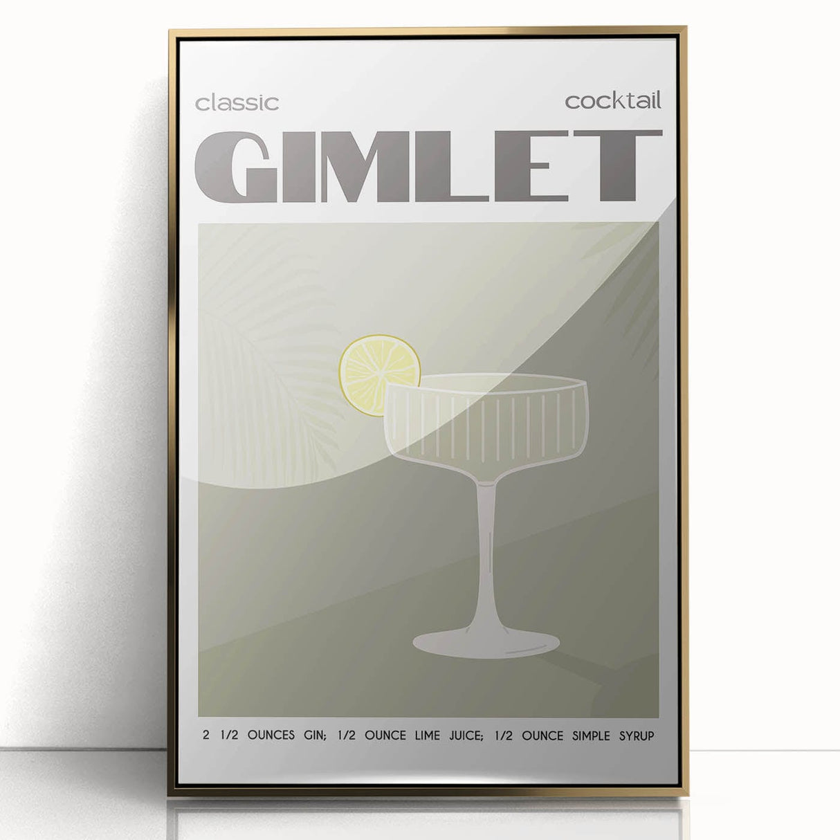 Large art print of a mid-century modernist food and drinks theme in gold and black tones, framed acrylic.