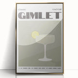 Large art print of a mid-century modernist food and drinks theme in gold and black tones, framed acrylic.