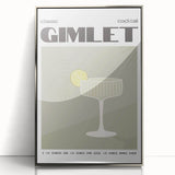 Mid-century modernist art depicting food and drinks in muted colors on a silver-framed acrylic.