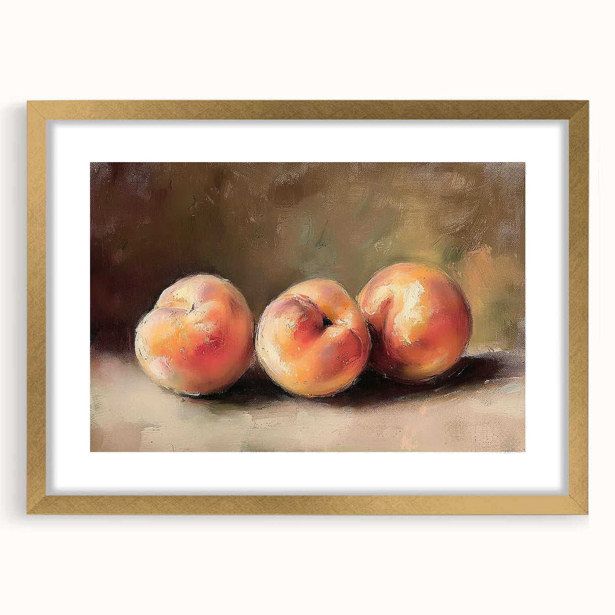 Extra large abstract art print featuring textured fruits in vibrant colors, framed in gold, ideal for living room decor.