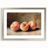 Textured art featuring abstract design of fruits in muted earth tones, framed in silver, ideal for bedroom art.