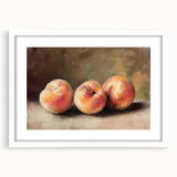 Abstract art print of assorted fruits in vibrant colors on a white framed mat, suitable for dining room decor.