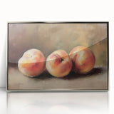 Mid-century modernist art featuring assorted fruits in vibrant colors on a silver-framed acrylic print.