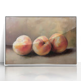 Art deco poster featuring an array of colorful fruits on a white acrylic framed canvas, ideal for modern kitchen decor.