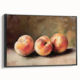 Black and white vintage poster art of fruits on framed canvas, ideal for bedroom wall decor.